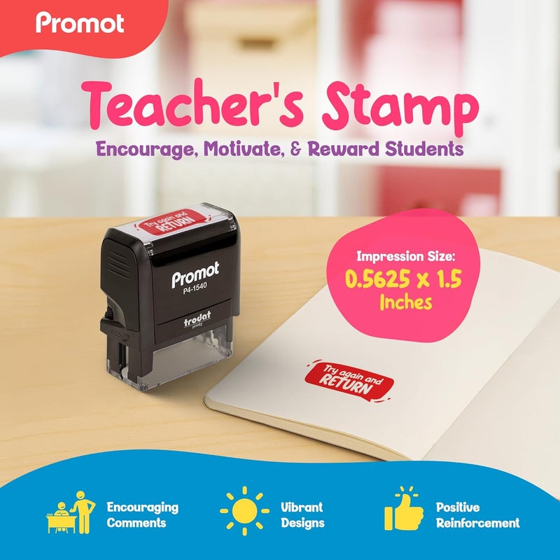 Promot Teacher Stamp - Self Inking Teacher Stamps for Kids, Classroom, or Homeschool Use - Encouraging “Try Again and Return” Feedback Tool for Teachers, Grading Stamps for Teachers & Rewards - Image 2